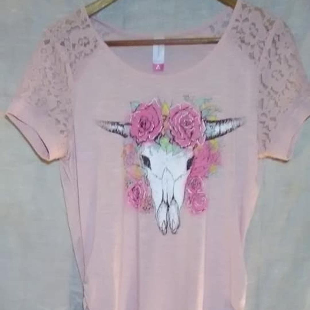 Blush Short Sleeve-Flowered Bull Skull- T-Shirt